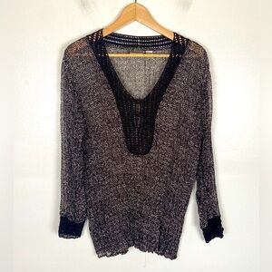 Chico's Sheer Crochet Trim Top Size 2 US L Brown Long Sleeves V-Neck Chiffon